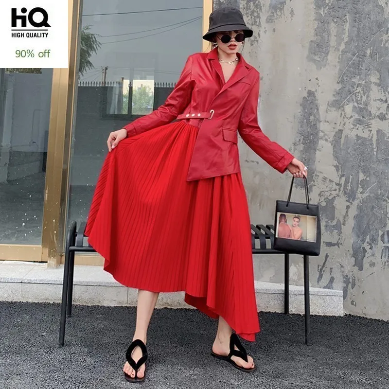 

Autumn Winter New Sheepskin Real Leather Dress Patchwork Pleated Chiffon Womens Asymmetrical Mid Cafl Length Dresses Plus Size