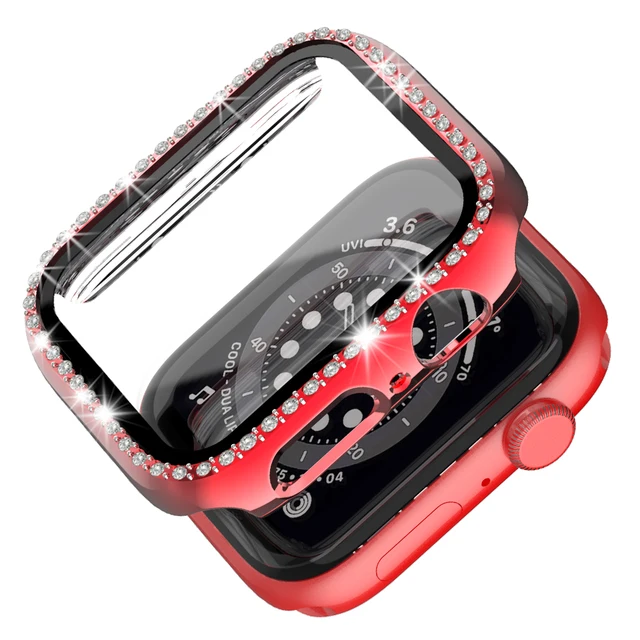 Case+Glass for Apple Watch 45mm 41mm 44mm 40mm 42mm 38mm, Full Cover Bling Crystal Rhinestone Protective Bumper for iWatch7 6 5 Red