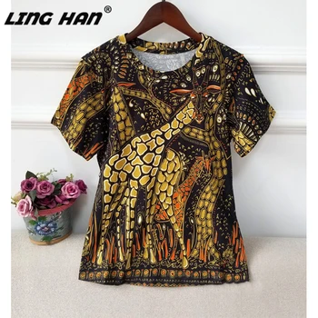 

LINGHAN Fashion giraffe Print Cotton T-shirt O-Neck Short sleeve Casual T-shirt Designer Spring Summer New