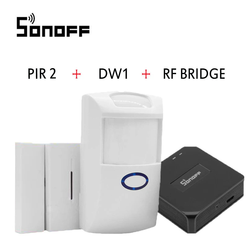 Sonoff RF мост Wifi преобразователь сигнала PIR 2 датчика DW1 датчик сигнализации двери переключатель домашней автоматизации с eWelink Alexa Google Home - Комплект: PIR DW1 RF Bridge