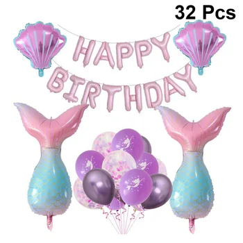 

32Pcs/Set Party Balloons Mermaid Themed Balloons Birthday Layout Balloons Aluminum Foil Balloons Style Pink/Purple Shell