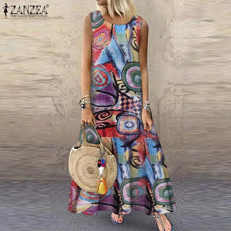 ZANZEA Women Bohemian Sleeveless Floral Printed Sundress Summer Dress Robe Vintage Kaftan Beach Vestido Femme Sarafans Plus Size