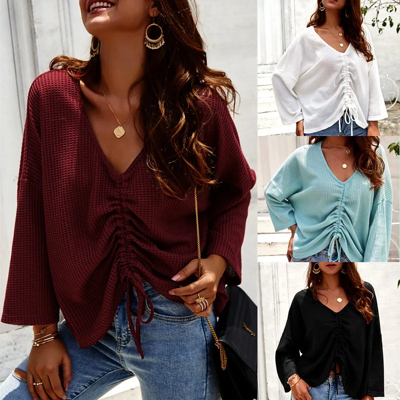 

Sexy Drawstring Deep V Neck Long Sleeve Tops Winter Autumn Women Casual Office Lady Solid Knit Lace Up Sweater Pullover