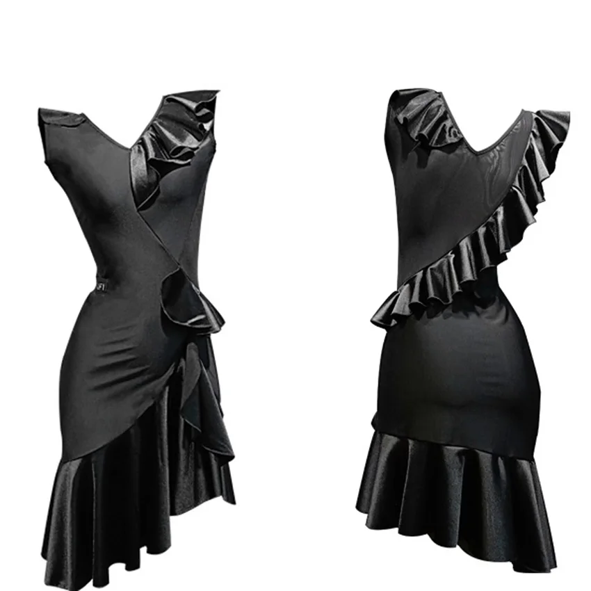 

Women Girl Black frilled Latin dance dress fringe practice clothes cha cha salsa rumba competition lesson arrival dance wear