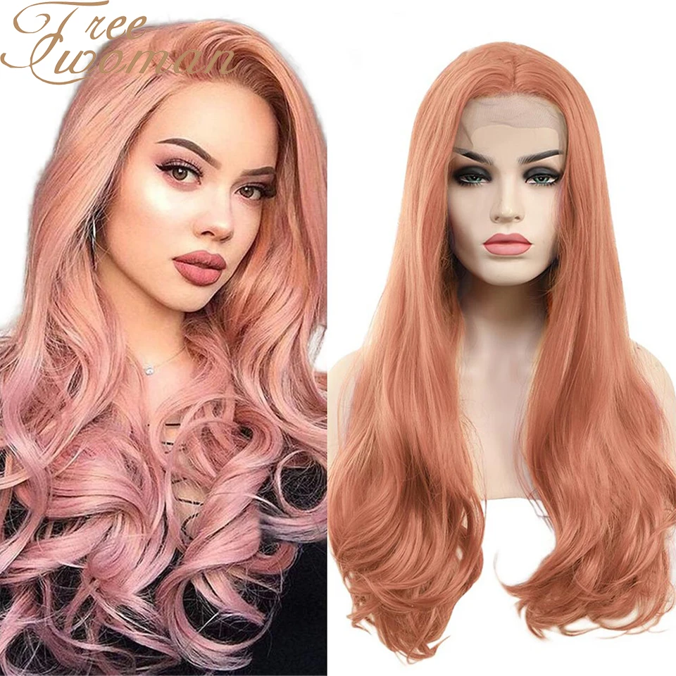 Wig Fake-Hair-Extension Blonde Lace-Front Wavy Heat-Resistant FREEWOMAN Pink Purple Synthetic