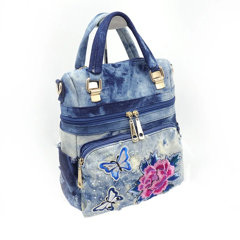 

Ougger Small Handbag Women Shoulder Bag Backpack Summer Blue Denim Fashion National Large Capacity Bag with Flowers for Shopping
