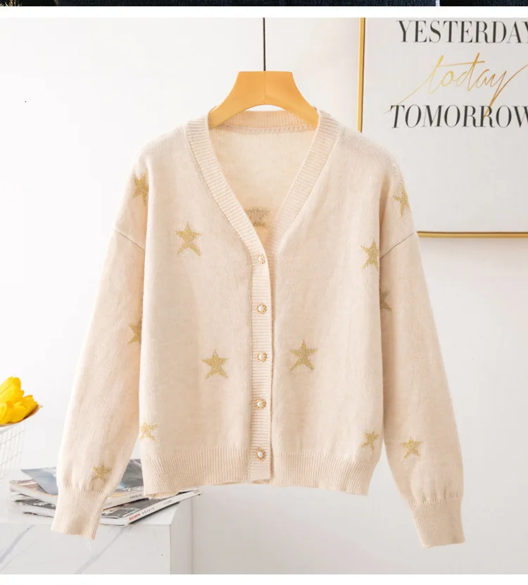 Sweater Women Coat Korea Style WOMEN'S Dress V-neck Laziness-Style Loose-Fit Versatile Star Western Knitted |