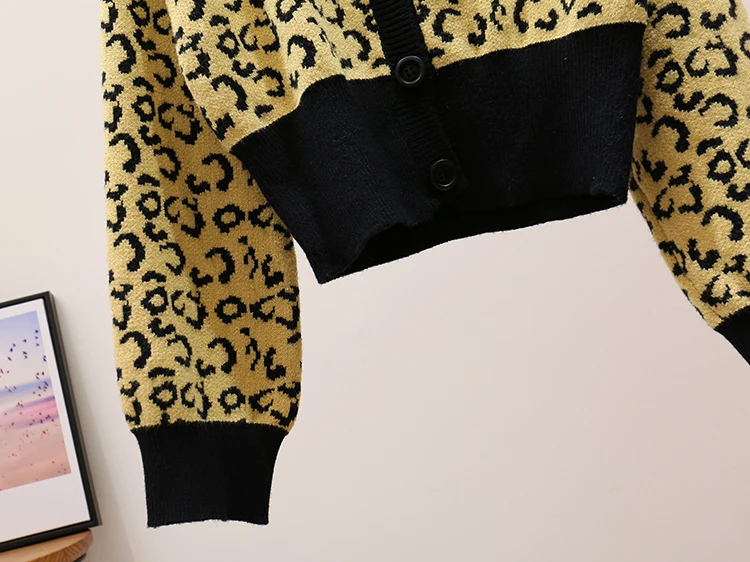 Женские вязаные свитера, Модный корейский стиль, лоскутные леопардовые Короткие повседневные кардиганы, осенне-зимний ретро свитер, куртка