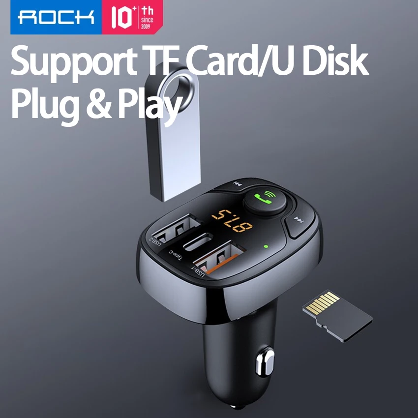 Автомобильное зарядное устройство ROCK USB C быстрая зарядка 3 порта Bluetooth FM