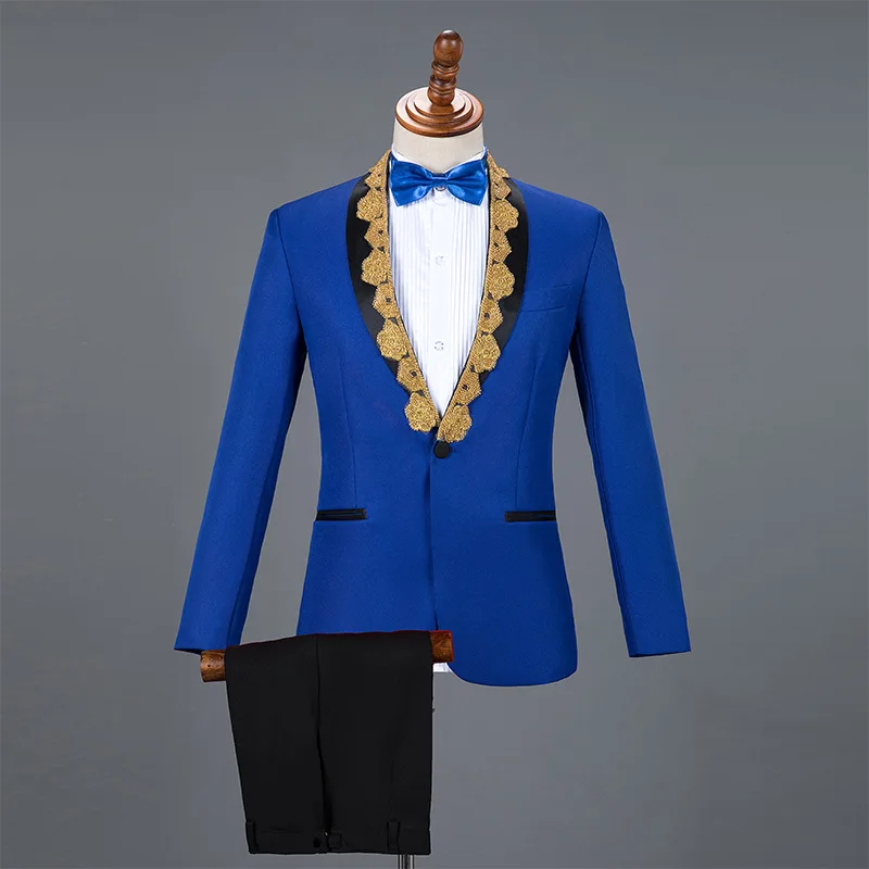 Blue Black Pants Черный приталенный свадебный смокинг для жениха, мужские костюмы для сцены, певицы, выпускного, мужские костюмы с брюками, костюм с воротником-шалью, Homme Ternos S-XXL - Цвет: Blue Black Pants