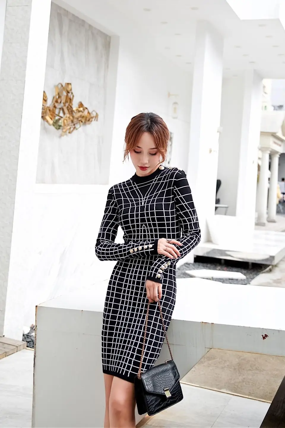 2019FW роскошное женское клетчатое платье с длинным рукавом женское жаккардовое вязаное платье ddxgz2v 9,10