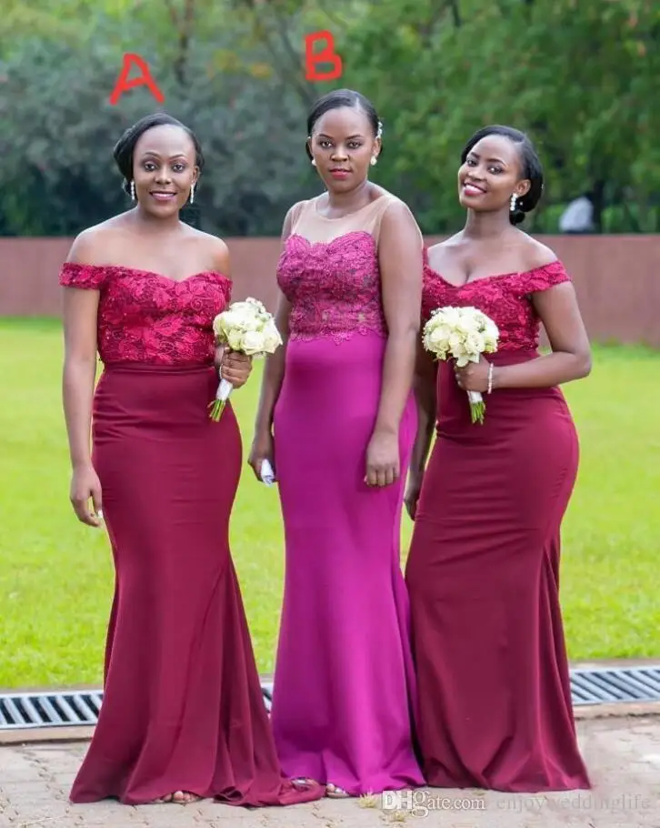 

New African Meramid Bridesmaid Dresses Black Girl Lace Applique Off Shoulder Floor Length Wedding Guest Dress vestido