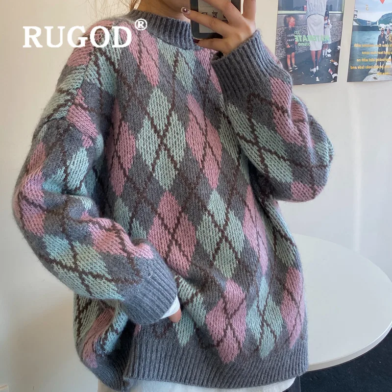 RUGOD Рождественский свитер для женщин, винтажный клетчатый узор, негабаритная туника, корейский шик, теплый вязаный пуловер, Модный повседневный женский