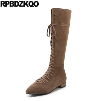 

lace up pointy tall 2019 pointed toe designer winter suede autumn boots chunky long fall knee high luxury brand shoes women fur