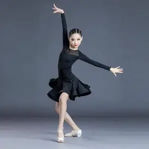 New Children Latin Dance Dress 2021 Autumn Winter Girls Long Sleeve Black Color Standard Grade Competition Performance Dress