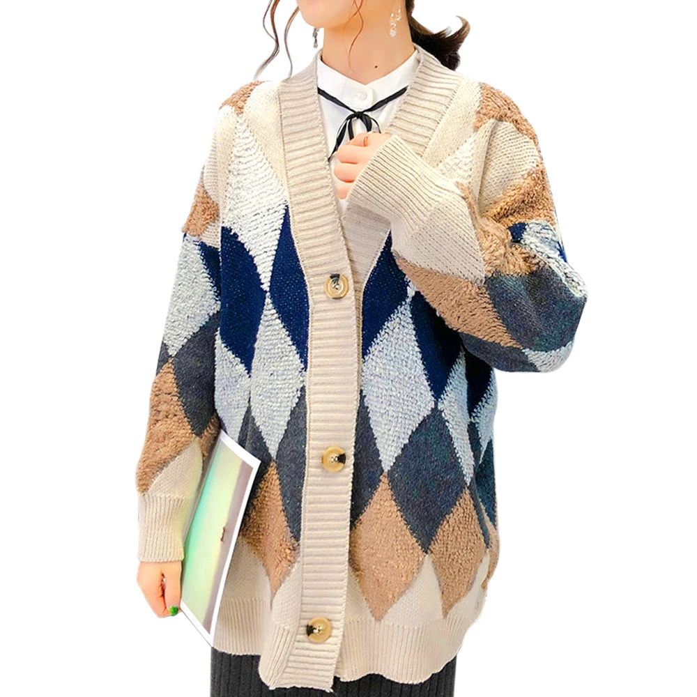 MoneRiff женские Свитера Осень Зима модные повседневные клетчатые кардиганы с v-образным вырезом однобортные с пышными рукавами свободные - Цвет: khaki