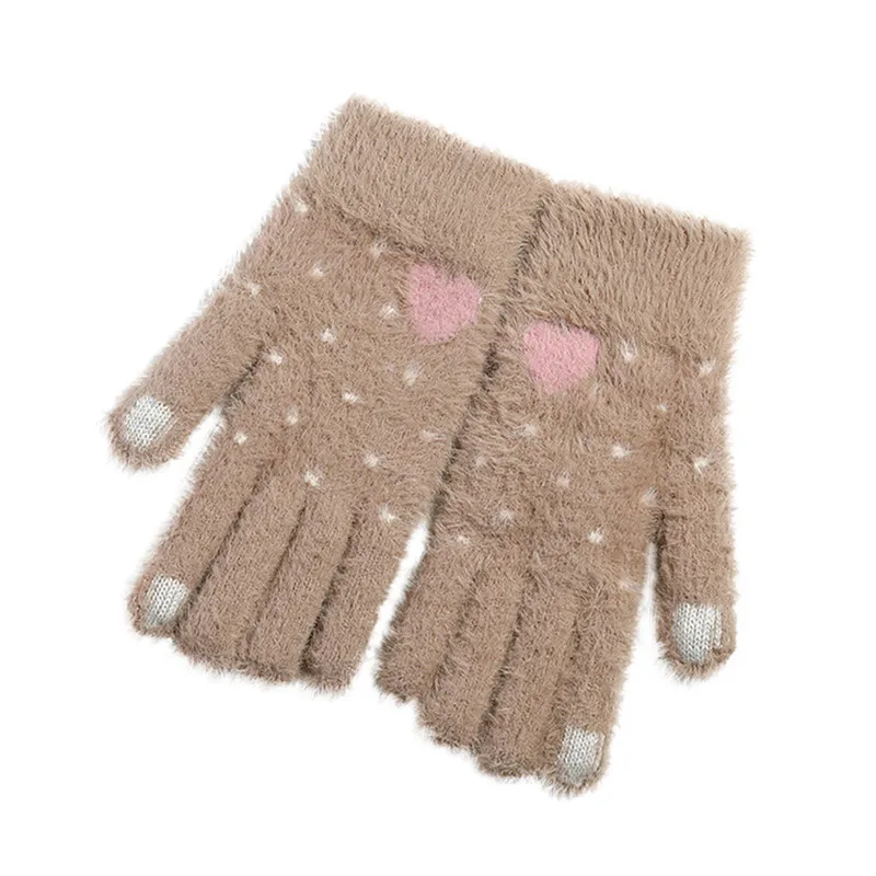 New Fashion Women Winter Gloves Multifunctional Warm Solid Color Plush Love Cute Thick Gloves Can Touch The Screen O24