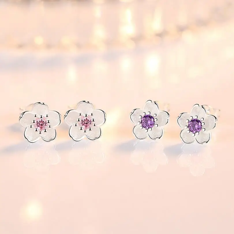 Silver 925 Jewelry Sterling Silver Earrings Cherry Blossom Inlaid Pink Zirconia Ear Studs Simple and Popular Earrings for Women - Image 2