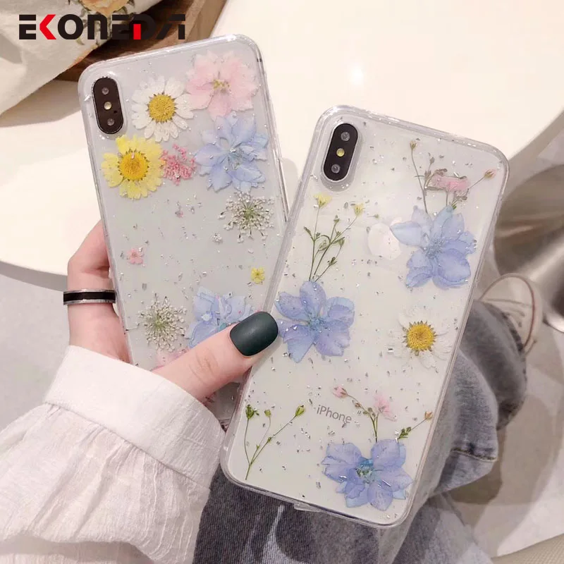 

EKONEDA Real Dried Floral Case For iPhone XR Case Silicone Transparent Cover For iPhone XS Max X 7 Plus 6 6S 8 Plus Case