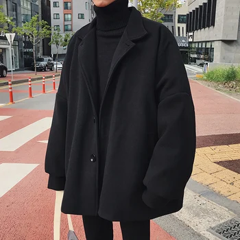 

Mens Wool Blend Loose England Style Students Coat Winter Thick Warm Outwear Trench Coat Black Khaki B8