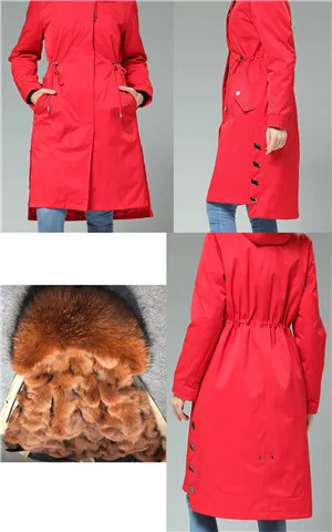 90cm Long Real Fox Lining fur coat parkas winter jacket coat women parka big real Fox raccoon fur collar fox fur liner Red Outer - Цвет: Фуксия