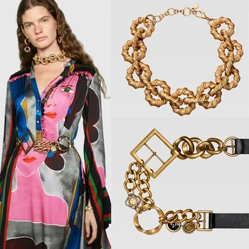 

ZA Stitching Leather Belt Metal Chain Ring Necklace Fashion Ladies Clothing Accessories Set Bohemian Classic Design Party Gift