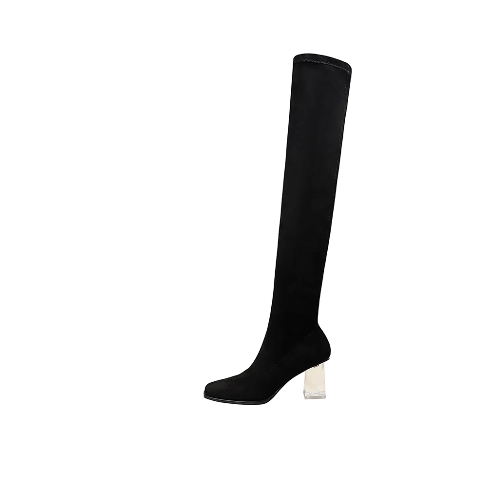 Однотонные розовые осенне-зимние сапоги; черные прозрачные женские сапоги выше колена на толстом каблуке; зимняя обувь на толстом каблуке; XZ40 - Цвет: Black