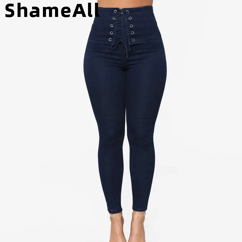 Женские узкие джинсы большого размера на шнуровке в Корейском стиле облегающие
