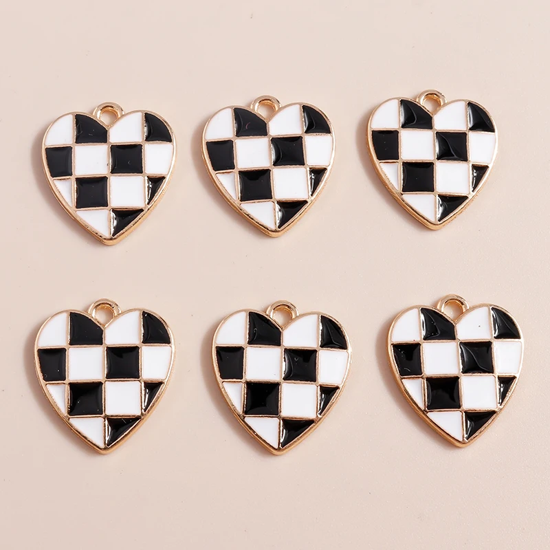 10 stücke Mode Emaille Bunte Plaid Schachbrett Herzen Charms für Diy Schmuck Machen Anhänger Keychain Ohrringe Zubehör – Detail 4
