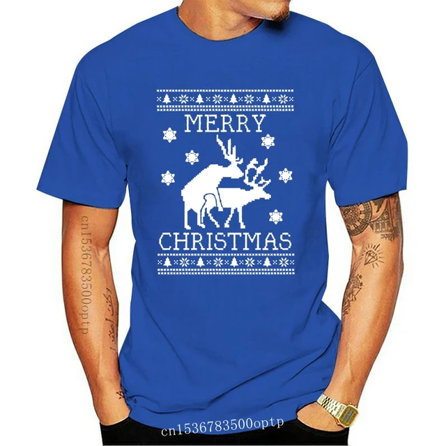 New 2021 Cotton Reindeer Humping Ugly Christmas Sweater T-Shirt Merry Xmas Party Present Gift Short-Sleeve T-Shirt SkyblueMen