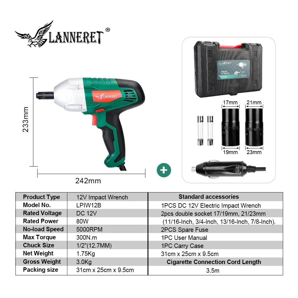 LANNERET 12 в автомобильный электрический гайковерт 80 Вт ударный гайковерт 300н. М Электрический инструмент для ремонта шин с 2 шт. двойной рукав прикуриватель
