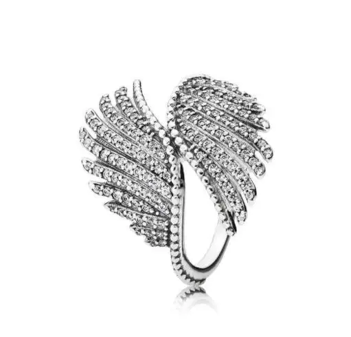 

Authentic 925 Sterling Silver pan Ring Feather and Crystal Ring for Women Wedding Reception Gift