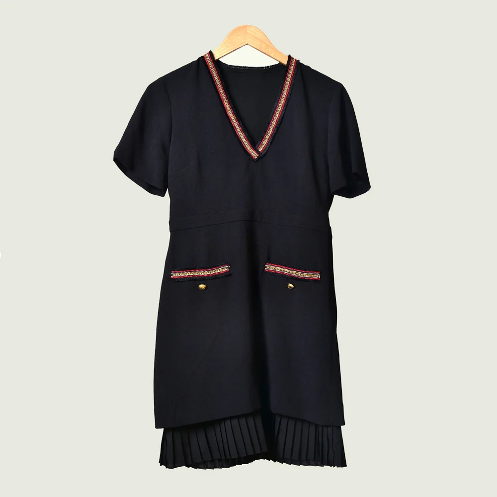 Women Mini Black Dress Pleated Patchwork Short Sleeve Elegant Lady Print Autumn and Winter with Button Decoration