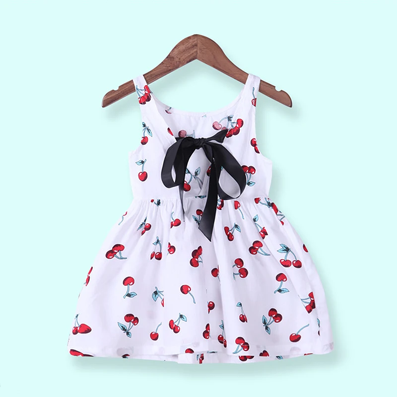 

Girls Summer Dress Girl A Line Dress O-Neck Short Sleeeve Cherry Print Bow Decor Backless Princess Cute Dresses Child Clothes To