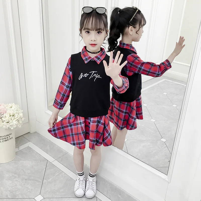 

Girls 2020 Autumn New Style Korean-style Embroidery Waistcoat Plaid Skirt Two-Piece Set Big Boy Vest Suit Dress