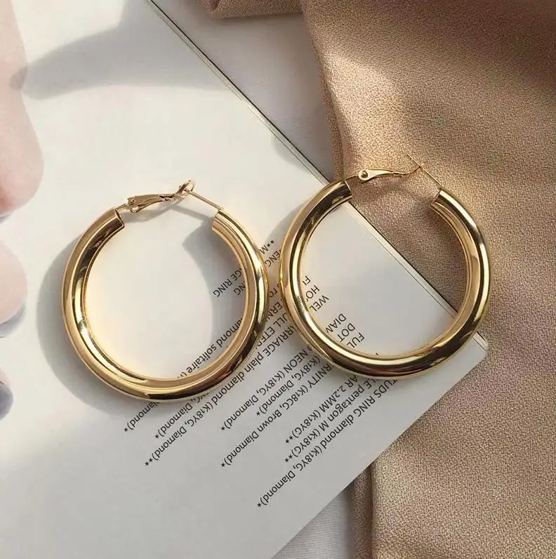 Gold Big 4.5cm HUANZHI новые минималистичные золотые металлические большие круглые геометрические круглые большие серьги-кольца для женщин и девушек, ювелирные изделия для свадебной вечеринки - Окраска металла: Gold Big 4.5cm