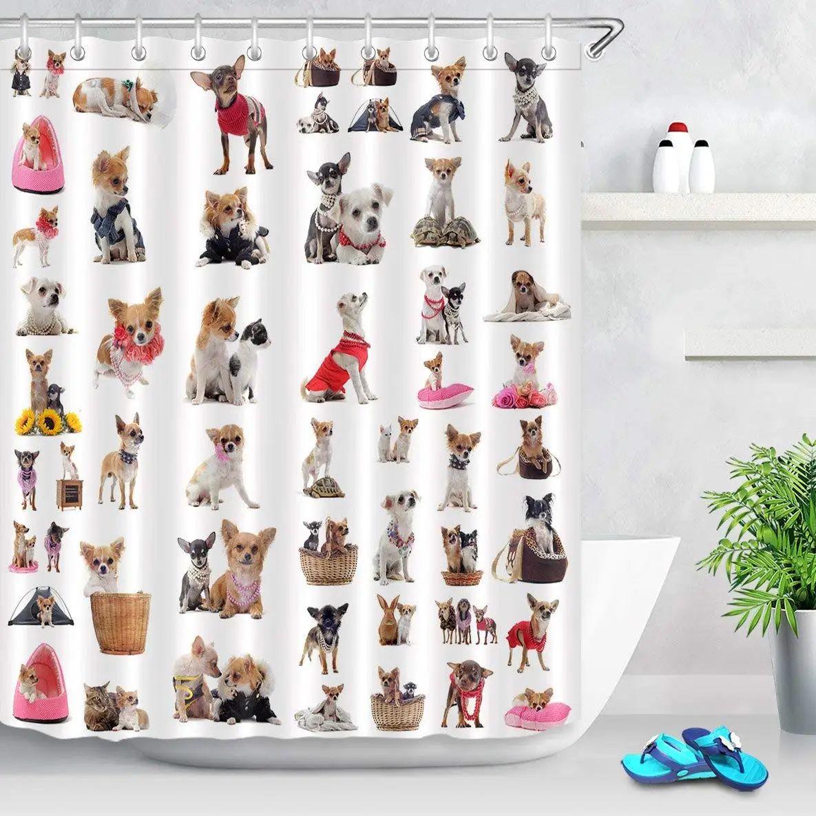 Cute Chihuahua Pug Pattern Print Stall Shower Curtain Set Pet Dog Theme Decor