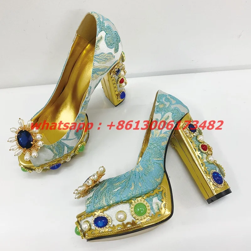 

2021 Fall New 14CM Super High Heel Platform Pearl Rhinestone Thick Heel Pumps Retro Baroque diamonds peep toe platform pumps