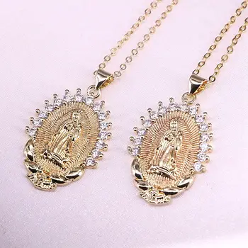 

8Pcs Gold filled Brass Pave Cubic Zirconia Jesus/Mary Pendant Necklaces, Religious Jewelry