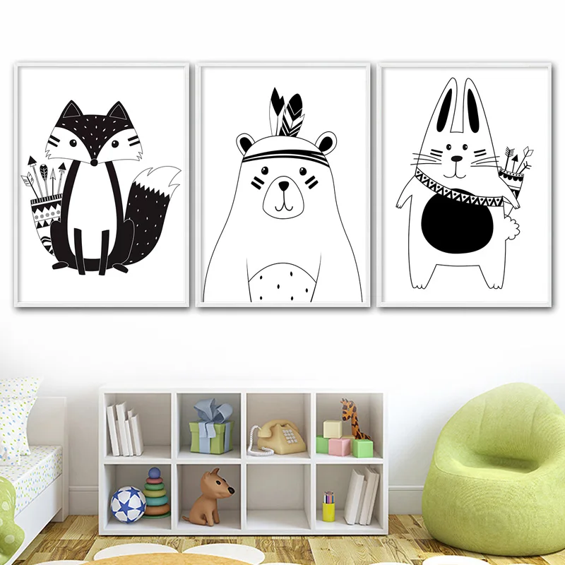 Black-White-Cartoon-Bear-Rabbit-Baby-Nursery-Wall-Art-Canvas-Poster-Custom-Name-Print-Painting-Nordic (1)