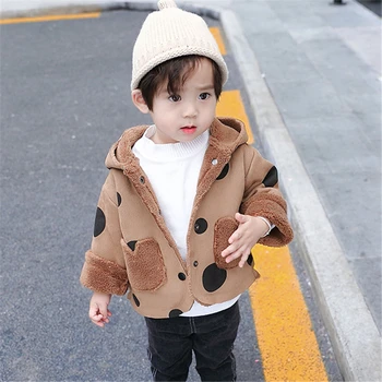 

Boys Coat Autumn Winter Jackets Hooded Jacket Button Up Polka Dots Fleece Coat Long Sleeve Outwear Kids Children Coats Jackets