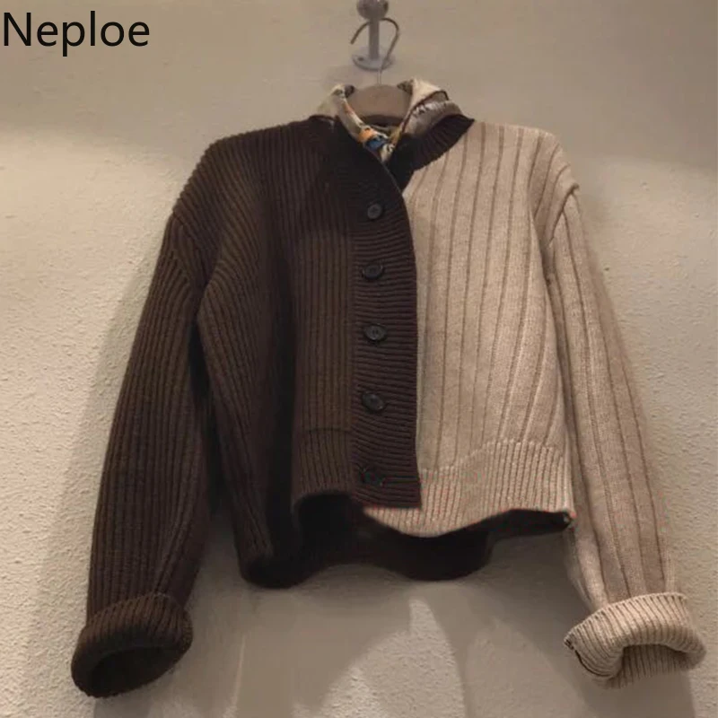 

Neploe Contrast Color Women Knit Cardigan Coat 2019 Fall/Winter New Casual V-Neck Long Sleeve Striped Knit Sweater Jacket 54613