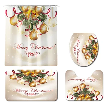 

New Christmas Ornament Golden Ball Shower Curtain Bathroom Mat Set Supplies Partition Bathroom Curtain Decoration