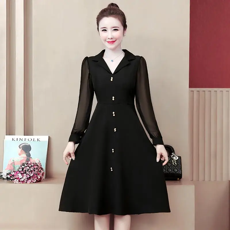 2020 Spring Ladies Large size Black Office Dress 4XL Women Casual Chiffon Work 5XL Plus V Neck A Line Party Vestidos | Женская одежда