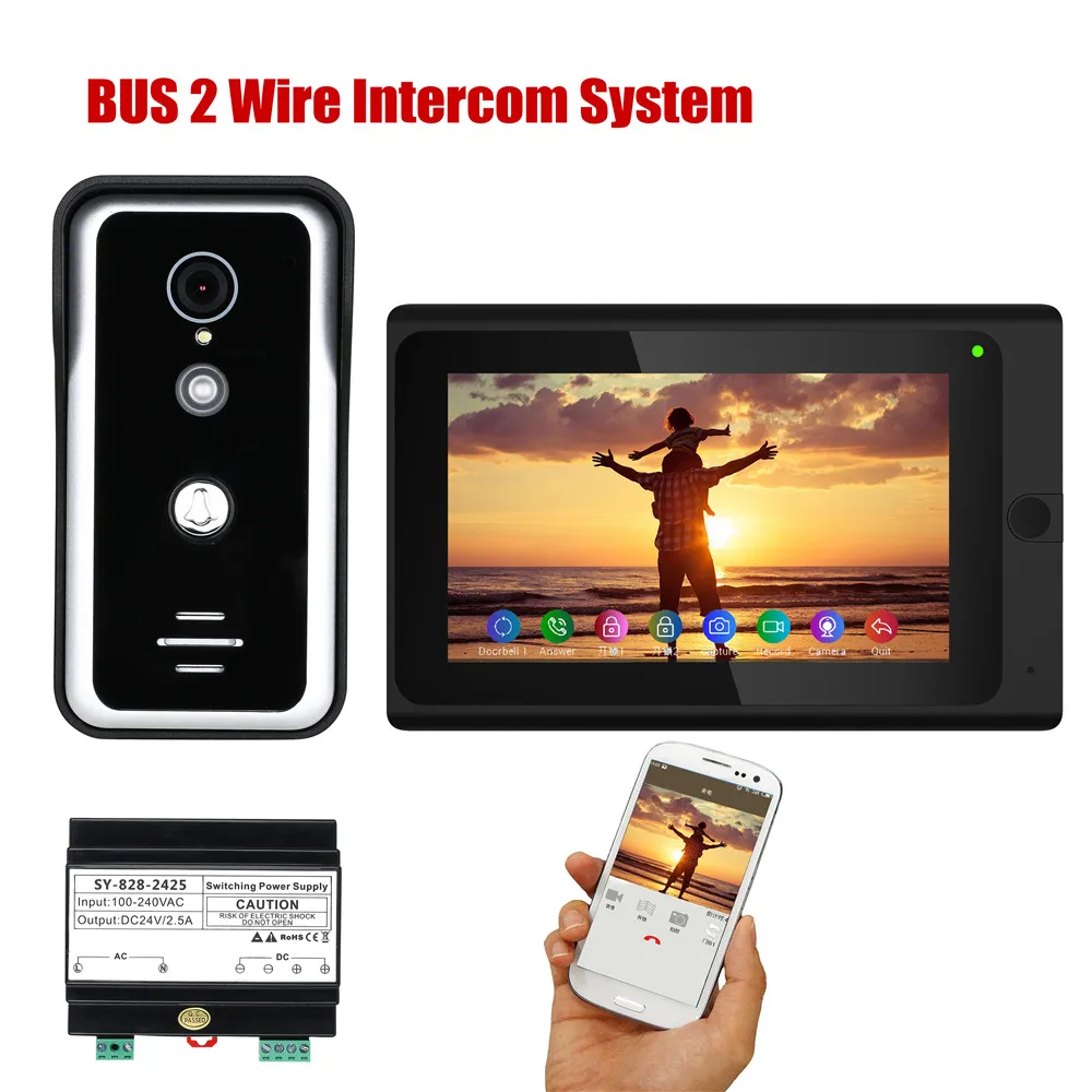 7 Pollici Cablato Wifi 1/2 Monitor Bus 2 Fili Videocitofono Citofono Con Visione Notturna Della Telecamera Hd1000Tvl, Supporto App Remota
