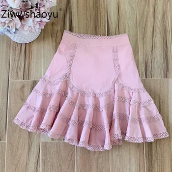 

Ziwwshaoyu 2020 Spring Summer Designer Lace Embroidery Ruffled Pink High Waist Mini Skirt Women's High Quality Clothing