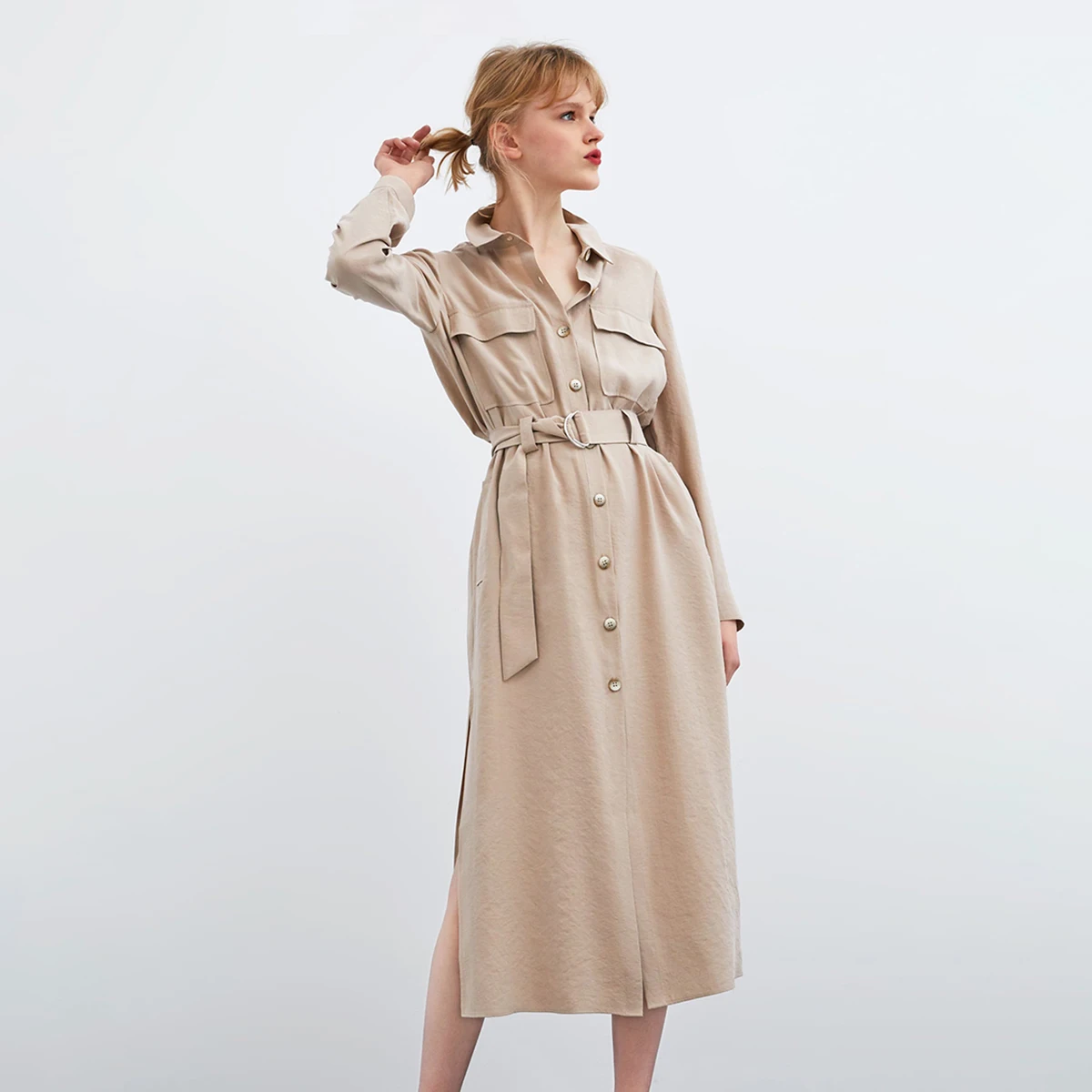 

Khaki Chic Belted Midi Dress Autumn Women Turn Down Collar Pocket Button Thigh Split Long Dress 2019 Casual Vintage Dresses