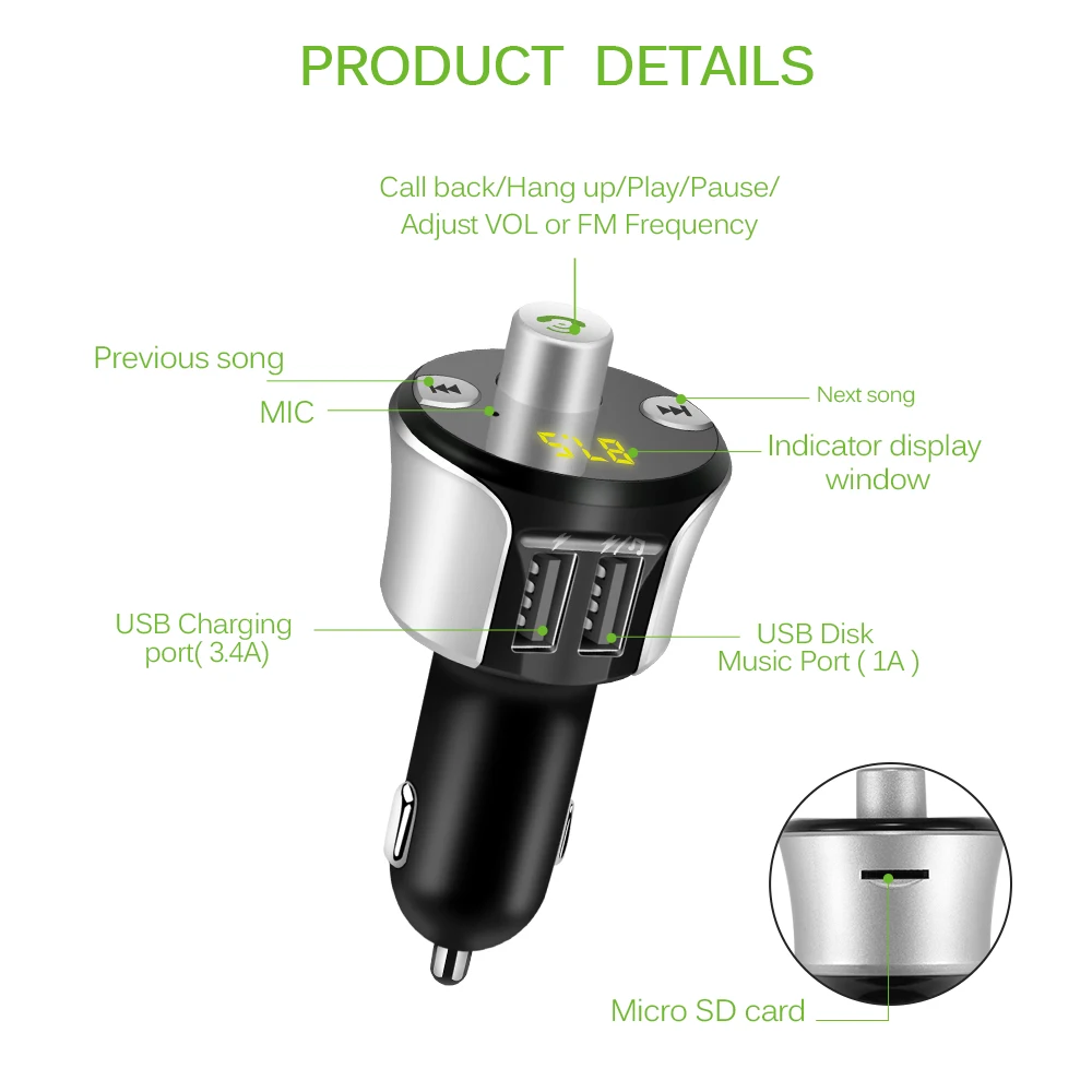 Автомобильное зарядное устройство с двумя usb-портами 3,4 А, беспроводной Bluetooth с fm-трансмиттером, модулятор, автомобильный радиоадаптер, Автомобильный MP3-плеер, автомобильный комплект громкой связи