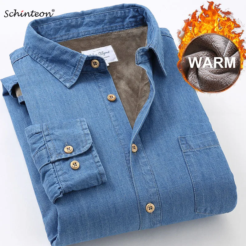 Schinteon Мужская Slub рубашка из джинсовой хлопковой ткани зимняя с длинным рукавом Повседневная однотонная теплая джемпер один передний карман