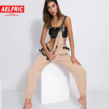 

Aelfric High Street Zipper Pockets Long Jumpsuit Women 20120 Hip Hop Sleeveless Adjusted Strap High Waist Cotton Rompers Khaki